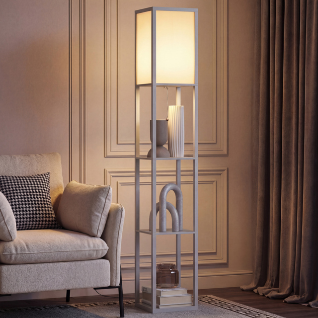 HOMCOM 3-Tier Floor Lamp, Floor Light w/ Storage Shelf, Reading Standing Lamp for Living Room, Bedroom, Office, Dorm, 160cm, Grey - Aosom UK - image 1