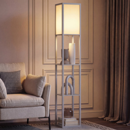HOMCOM 3-Tier Floor Lamp, Floor Light w/ Storage Shelf, Reading Standing Lamp for Living Room, Bedroom, Office, Dorm, 160cm, Grey - Aosom UK - thumbnail 1