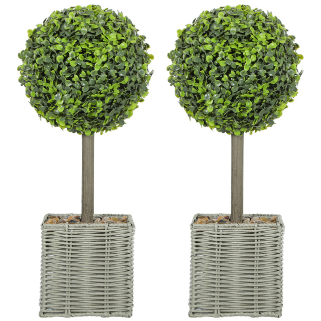 HOMCOM Set of 2 Decorative Artificial Plants, 50cm Faux Boxwood Topiary Balls with Woven Plastic Pot and Pebbles, Fake Plants for Home or Office Decor, Green - image 1