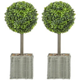 HOMCOM Set of 2 Decorative Artificial Plants, 50cm Faux Boxwood Topiary Balls with Woven Plastic Pot and Pebbles, Fake Plants for Home or Office Decor, Green - thumbnail 1