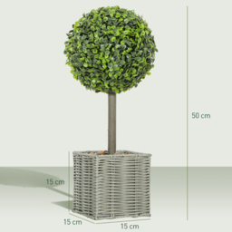 HOMCOM Set of 2 Decorative Artificial Plants, 50cm Faux Boxwood Topiary Balls with Woven Plastic Pot and Pebbles, Fake Plants for Home or Office Decor, Green - thumbnail 3