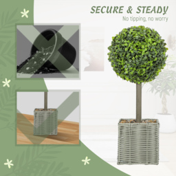 HOMCOM Set of 2 Decorative Artificial Plants, 50cm Faux Boxwood Topiary Balls with Woven Plastic Pot and Pebbles, Fake Plants for Home or Office Decor, Green - thumbnail 7