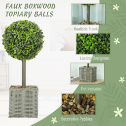 HOMCOM Set of 2 Decorative Artificial Plants, 50cm Faux Boxwood Topiary Balls with Woven Plastic Pot and Pebbles, Fake Plants for Home or Office Decor, Green - thumbnail 4