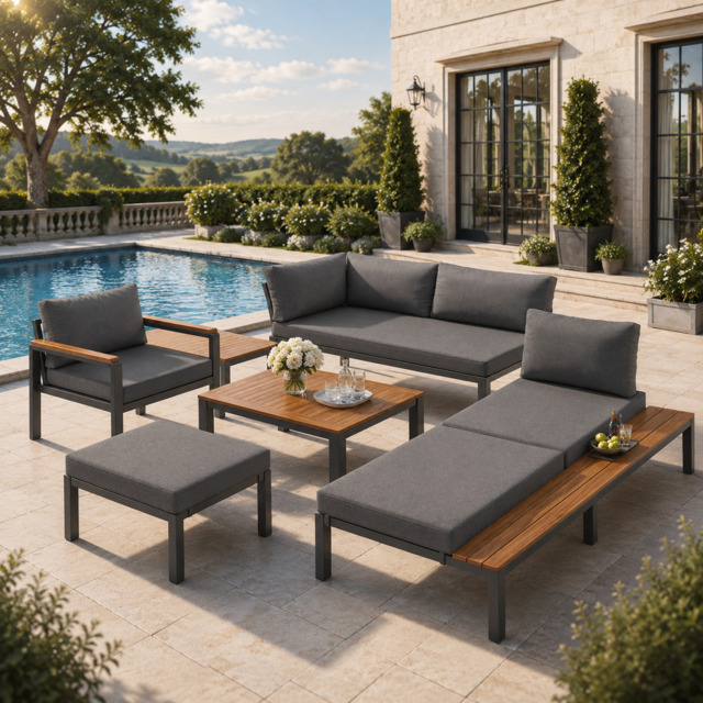 Modular Outdoor Garden Sofa Set with Aluminium Frame, Sturdy Lounge Set with Acacia Wood Coffee Table, 150L x 81.5W x 76H cm, Gray - Aosom UK - image 1
