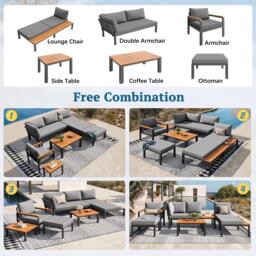 Modular Outdoor Garden Sofa Set with Aluminium Frame, Sturdy Lounge Set with Acacia Wood Coffee Table, 150L x 81.5W x 76H cm, Gray - Aosom UK - thumbnail 4