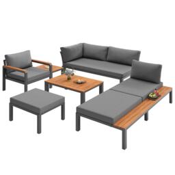 Modular Outdoor Garden Sofa Set with Aluminium Frame, Sturdy Lounge Set with Acacia Wood Coffee Table, 150L x 81.5W x 76H cm, Gray - Aosom UK - thumbnail 2