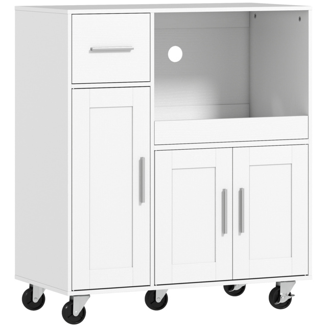 HOMCOM Rolling Kitchen Cart, Microwave Cabinet with Sliding Tray, Drawer, 3-Door Cupboards, Adjustable Shelf, White - image 1