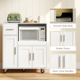 HOMCOM Rolling Kitchen Cart, Microwave Cabinet with Sliding Tray, Drawer, 3-Door Cupboards, Adjustable Shelf, White - thumbnail 8