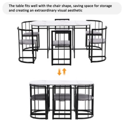 Modern Dining Table and 6 Chairs with Backrests and Upholstery, Dining Table Set with Marble Pattern, Gold Iron Frame, 140x80x76 cm, Black - Aosom UK - thumbnail 4