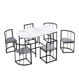 Modern Dining Table and 6 Chairs with Backrests and Upholstery, Dining Table Set with Marble Pattern, Gold Iron Frame, 140x80x76 cm, Black - Aosom UK - thumbnail 2