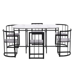 Modern Dining Table and 6 Chairs with Backrests and Upholstery, Dining Table Set with Marble Pattern, Gold Iron Frame, 140x80x76 cm, Black - Aosom UK - thumbnail 9