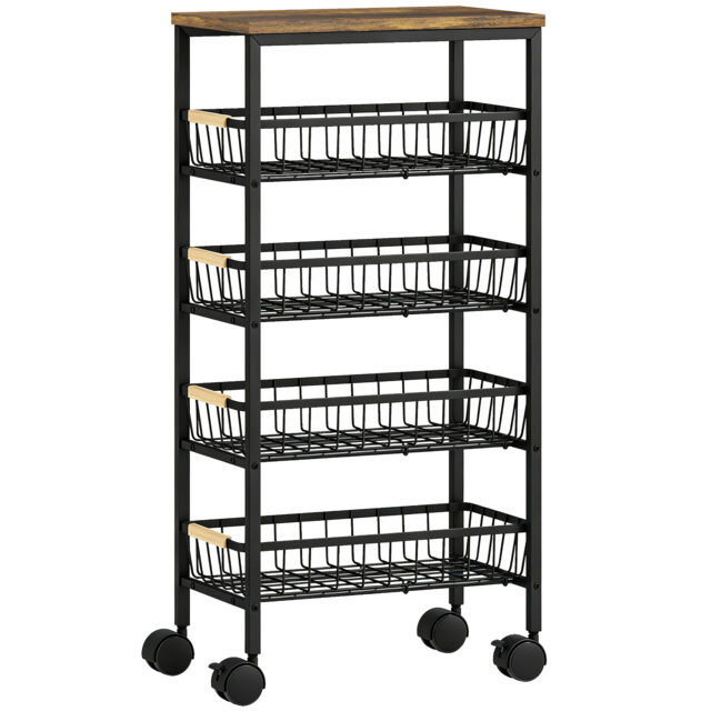 HOMCOM Metal Kitchen Trolley, 4-Tier Storage Trolley with Pull-Out Baskets and 4 Swivel Casters for Kitchen, Rustic Brown - image 1