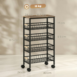 HOMCOM Metal Kitchen Trolley, 4-Tier Storage Trolley with Pull-Out Baskets and 4 Swivel Casters for Kitchen, Rustic Brown - thumbnail 3