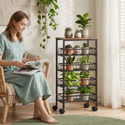 HOMCOM Metal Kitchen Trolley, 4-Tier Storage Trolley with Pull-Out Baskets and 4 Swivel Casters for Kitchen, Rustic Brown - thumbnail 8