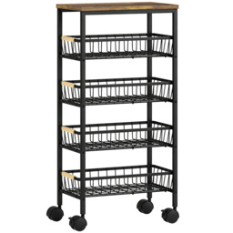 HOMCOM Metal Kitchen Trolley, 4-Tier Storage Trolley with Pull-Out Baskets and 4 Swivel Casters for Kitchen, Rustic Brown