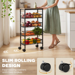 HOMCOM Metal Kitchen Trolley, 4-Tier Storage Trolley with Pull-Out Baskets and 4 Swivel Casters for Kitchen, Rustic Brown - thumbnail 4