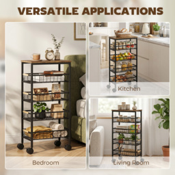 HOMCOM Metal Kitchen Trolley, 4-Tier Storage Trolley with Pull-Out Baskets and 4 Swivel Casters for Kitchen, Rustic Brown - thumbnail 7