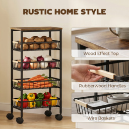 HOMCOM Metal Kitchen Trolley, 4-Tier Storage Trolley with Pull-Out Baskets and 4 Swivel Casters for Kitchen, Rustic Brown - thumbnail 6