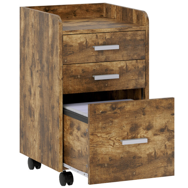 HOMCOM 3 Drawer Filing Cabinet, Rolling File Cabinet with Edged Top for Letter, A4 Size, Hanging File Folders, Rustic Brown - image 1