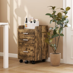 HOMCOM 3 Drawer Filing Cabinet, Rolling File Cabinet with Edged Top for Letter, A4 Size, Hanging File Folders, Rustic Brown - thumbnail 7