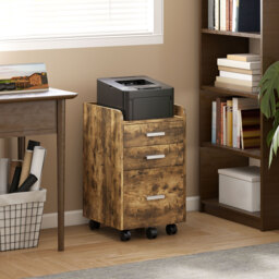 HOMCOM 3 Drawer Filing Cabinet, Rolling File Cabinet with Edged Top for Letter, A4 Size, Hanging File Folders, Rustic Brown - thumbnail 2