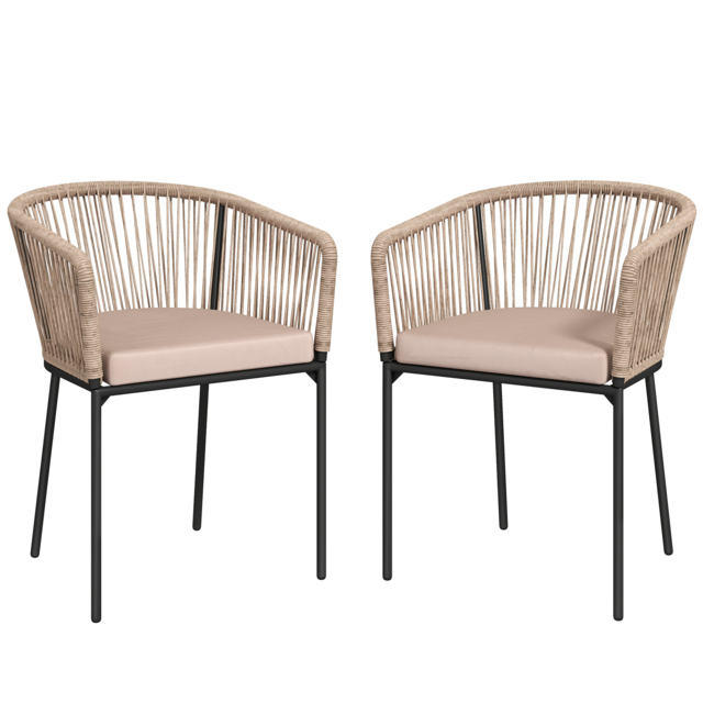 Outsunny Garden Chairs Set of 2, Rattan Garden Dining Chairs with String Back Armrests, Cushions, Natural Wood Finish