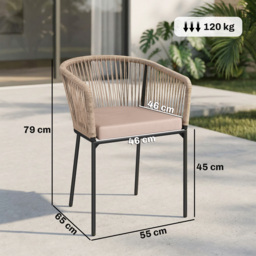 Outsunny Garden Chairs Set of 2, Rattan Garden Dining Chairs with String Back Armrests, Cushions, Natural Wood Finish - thumbnail 3