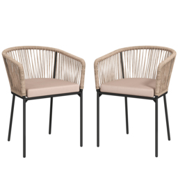 Outsunny Garden Chairs Set of 2, Rattan Garden Dining Chairs with String Back Armrests, Cushions, Natural Wood Finish - thumbnail 1