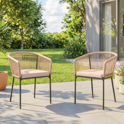 Outsunny Garden Chairs Set of 2, Rattan Garden Dining Chairs with String Back Armrests, Cushions, Natural Wood Finish - thumbnail 2