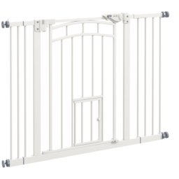 PawHut Stair Dog Gate with Cat Door, Pressure Fit, Auto Close, Double Lock, 74-100cm Openings, White - Aosom UK