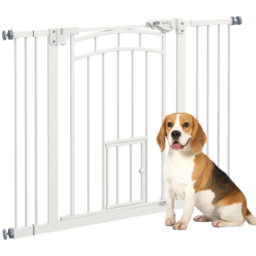PawHut Stair Dog Gate with Cat Door, Pressure Fit, Auto Close, Double Lock, 74-100cm Openings, White - Aosom UK - thumbnail 1
