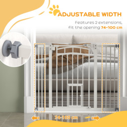 PawHut Stair Dog Gate with Cat Door, Pressure Fit, Auto Close, Double Lock, 74-100cm Openings, White - Aosom UK - thumbnail 7