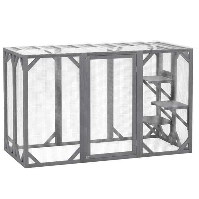 "PawHut 71"" Outdoor Wooden Cat House with 3 Platforms, Large Door and Weatherproof Roof, for Multiple Cats, Grey" - image 1