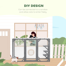 "PawHut 71"" Outdoor Wooden Cat House with 3 Platforms, Large Door and Weatherproof Roof, for Multiple Cats, Grey" - thumbnail 4