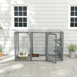 "PawHut 71"" Outdoor Wooden Cat House with 3 Platforms, Large Door and Weatherproof Roof, for Multiple Cats, Grey" - thumbnail 8