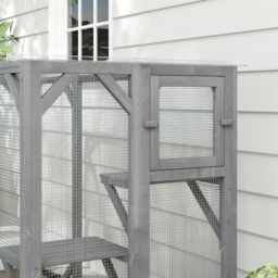 "PawHut 71"" Outdoor Wooden Cat House with 3 Platforms, Large Door and Weatherproof Roof, for Multiple Cats, Grey" - thumbnail 9