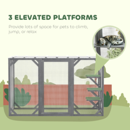 "PawHut 71"" Outdoor Wooden Cat House with 3 Platforms, Large Door and Weatherproof Roof, for Multiple Cats, Grey" - thumbnail 6