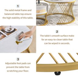 2-in-1 Nesting Coffee Table with Marble Top and Mental Legs, Round Coffee Table with Storage and Wooden Handle, 70x70x45.5 cm, White+Gold - Aosom.UK - thumbnail 7