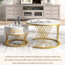 2-in-1 Nesting Coffee Table with Marble Top and Mental Legs, Round Coffee Table with Storage and Wooden Handle, 70x70x45.5 cm, White+Gold - Aosom.UK - thumbnail 4