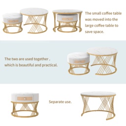 2-in-1 Nesting Coffee Table with Marble Top and Mental Legs, Round Coffee Table with Storage and Wooden Handle, 70x70x45.5 cm, White+Gold - Aosom.UK - thumbnail 8