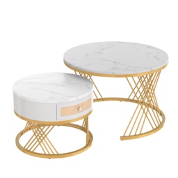 2-in-1 Nesting Coffee Table with Marble Top and Mental Legs, Round Coffee Table with Storage and Wooden Handle, 70x70x45.5 cm, White+Gold - Aosom.UK - thumbnail 2