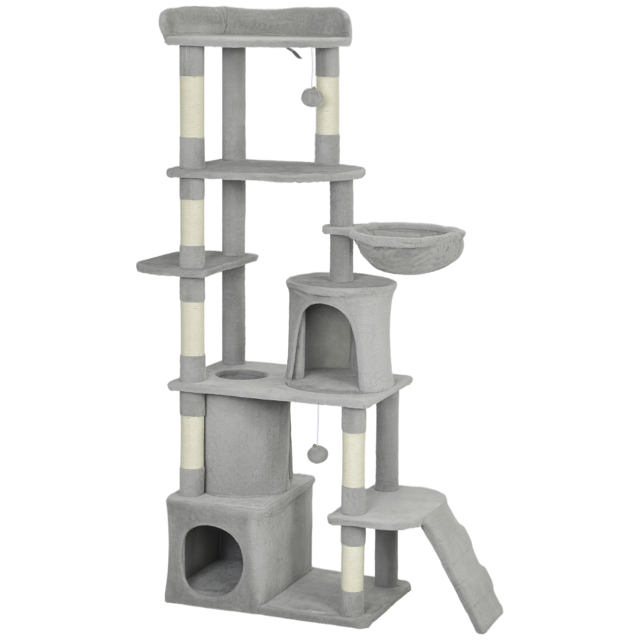 PawHut 170 cm Large Cat Tree, Cat Tower with 7 Scratching Posts, Tunnel, 2 Condos, Hammock, Perch, Ramp, Pompoms, Light Grey - image 1