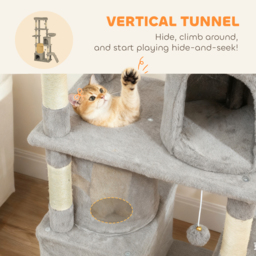 PawHut 170 cm Large Cat Tree, Cat Tower with 7 Scratching Posts, Tunnel, 2 Condos, Hammock, Perch, Ramp, Pompoms, Light Grey - thumbnail 6
