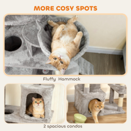 PawHut 170 cm Large Cat Tree, Cat Tower with 7 Scratching Posts, Tunnel, 2 Condos, Hammock, Perch, Ramp, Pompoms, Light Grey - thumbnail 7