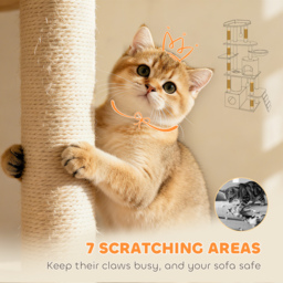 PawHut 170 cm Large Cat Tree, Cat Tower with 7 Scratching Posts, Tunnel, 2 Condos, Hammock, Perch, Ramp, Pompoms, Light Grey - thumbnail 8