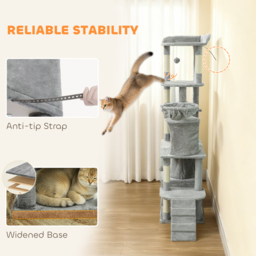 PawHut 170 cm Large Cat Tree, Cat Tower with 7 Scratching Posts, Tunnel, 2 Condos, Hammock, Perch, Ramp, Pompoms, Light Grey - thumbnail 9
