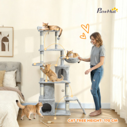 PawHut 170 cm Large Cat Tree, Cat Tower with 7 Scratching Posts, Tunnel, 2 Condos, Hammock, Perch, Ramp, Pompoms, Light Grey - thumbnail 4