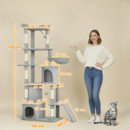 PawHut 170 cm Large Cat Tree, Cat Tower with 7 Scratching Posts, Tunnel, 2 Condos, Hammock, Perch, Ramp, Pompoms, Light Grey - thumbnail 3