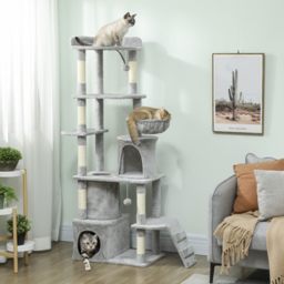 PawHut 170 cm Large Cat Tree, Cat Tower with 7 Scratching Posts, Tunnel, 2 Condos, Hammock, Perch, Ramp, Pompoms, Light Grey - thumbnail 2