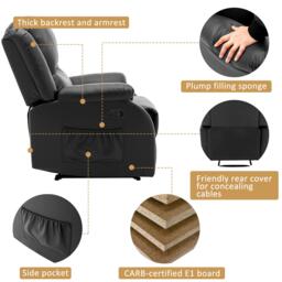 Adjustable Pull‑tab Recliner with Side Storage Pocket, Padded Cushions, High‑back Armchair for the Elderly, 82L x 86W x 99H cm, Black - Aosom UK - thumbnail 4
